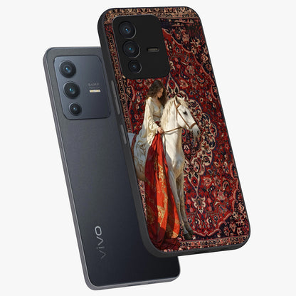 Royal Rider Tapestry Glass Case displayed in angled mockup highlighting traditional tapestry design with royal heritage aesthetic.