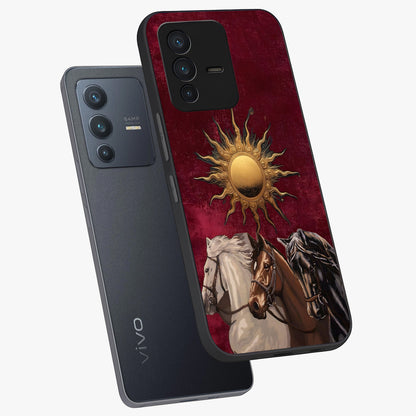 Solar Riders Glass Case displayed in angled mockup highlighting powerful rider illustration with radiant solar aesthetic.