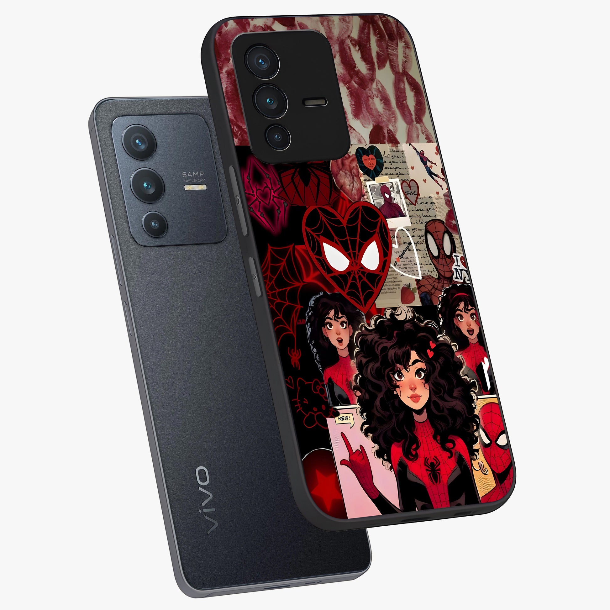 Spider Love Story Glass Case displayed in angled mockup highlighting expressive comic inspired design with playful aesthetic.