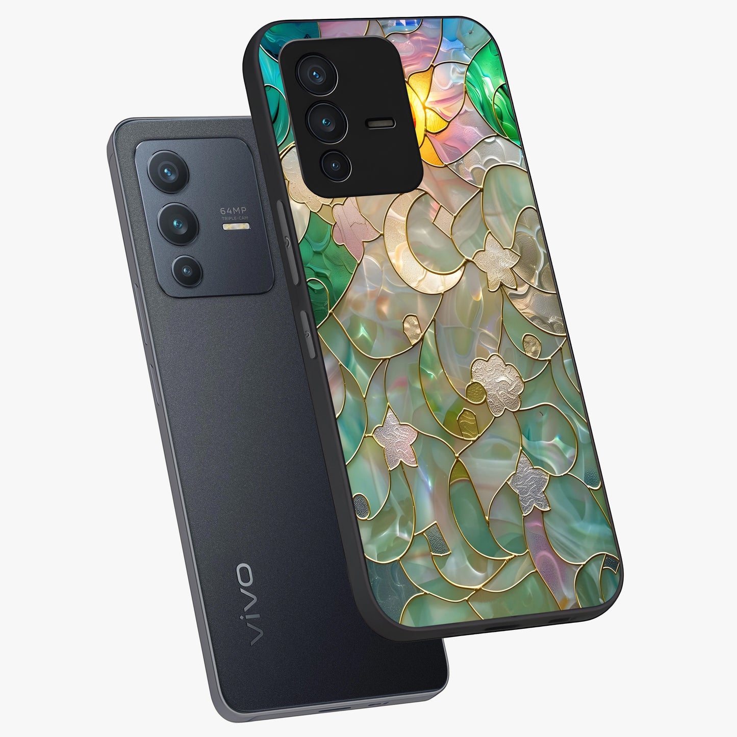 Stained Sunrise Glow Glass Case displayed in angled mockup highlighting radiant sunrise design with artistic aesthetic style.