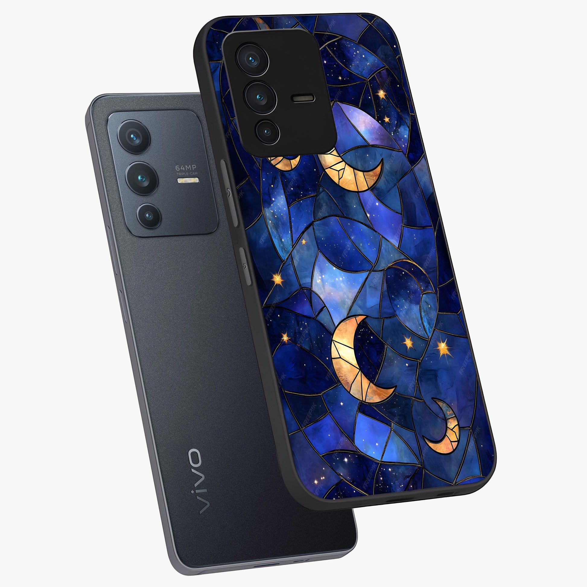 Starlit Sky Tapestry Glass Case displayed in angled mockup highlighting celestial night pattern with artistic aesthetic style.