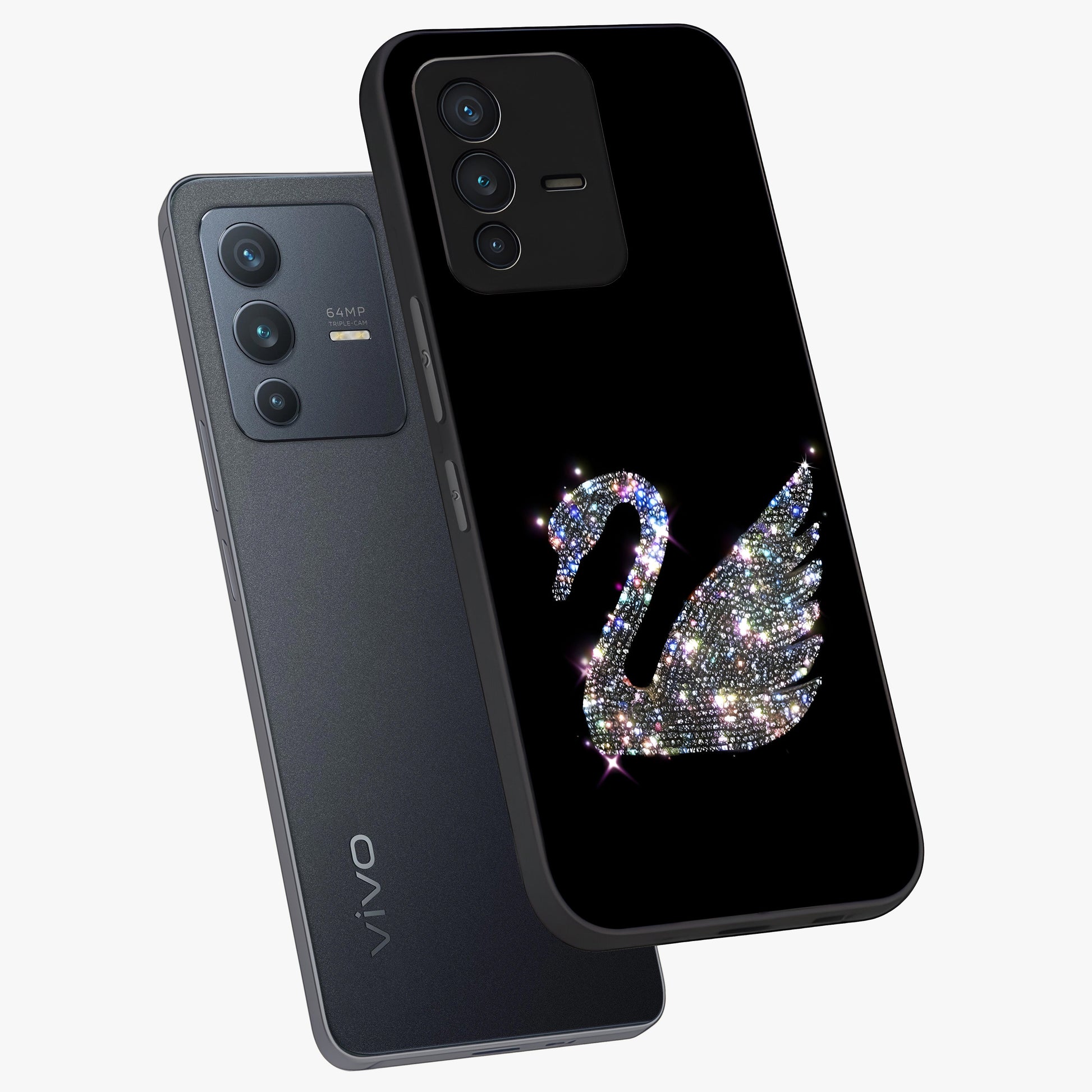 Starlit Swan Grace Glass Case displayed in angled mockup highlighting elegant swan illustration with dreamy celestial aesthetic.