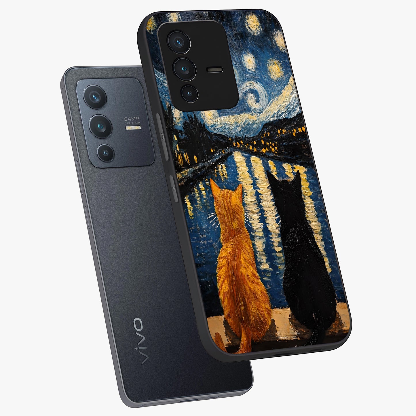 Starry River Cats Glass Case displayed in angled mockup highlighting charming feline illustration with dreamy night aesthetic.
