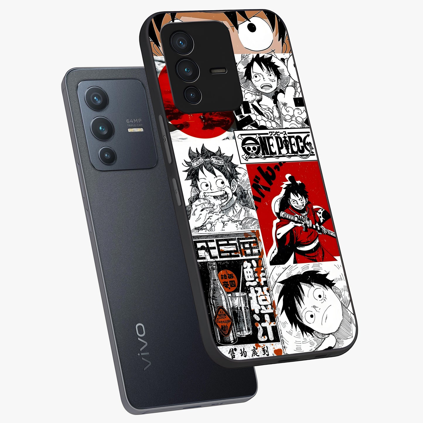 Strawhat Chaos Panels Glass Case displayed in angled mockup highlighting vibrant anime collage design with action aesthetic.