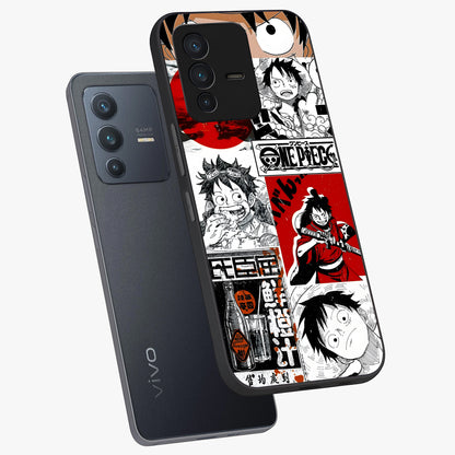 Strawhat Chaos Panels Glass Case displayed in angled mockup highlighting vibrant anime collage design with action aesthetic.