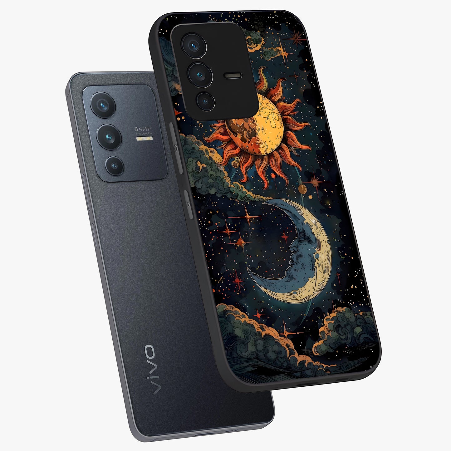 Sun And Moon Magic Design Glass Case displayed in angled mockup highlighting celestial design with magical cosmic aesthetic.