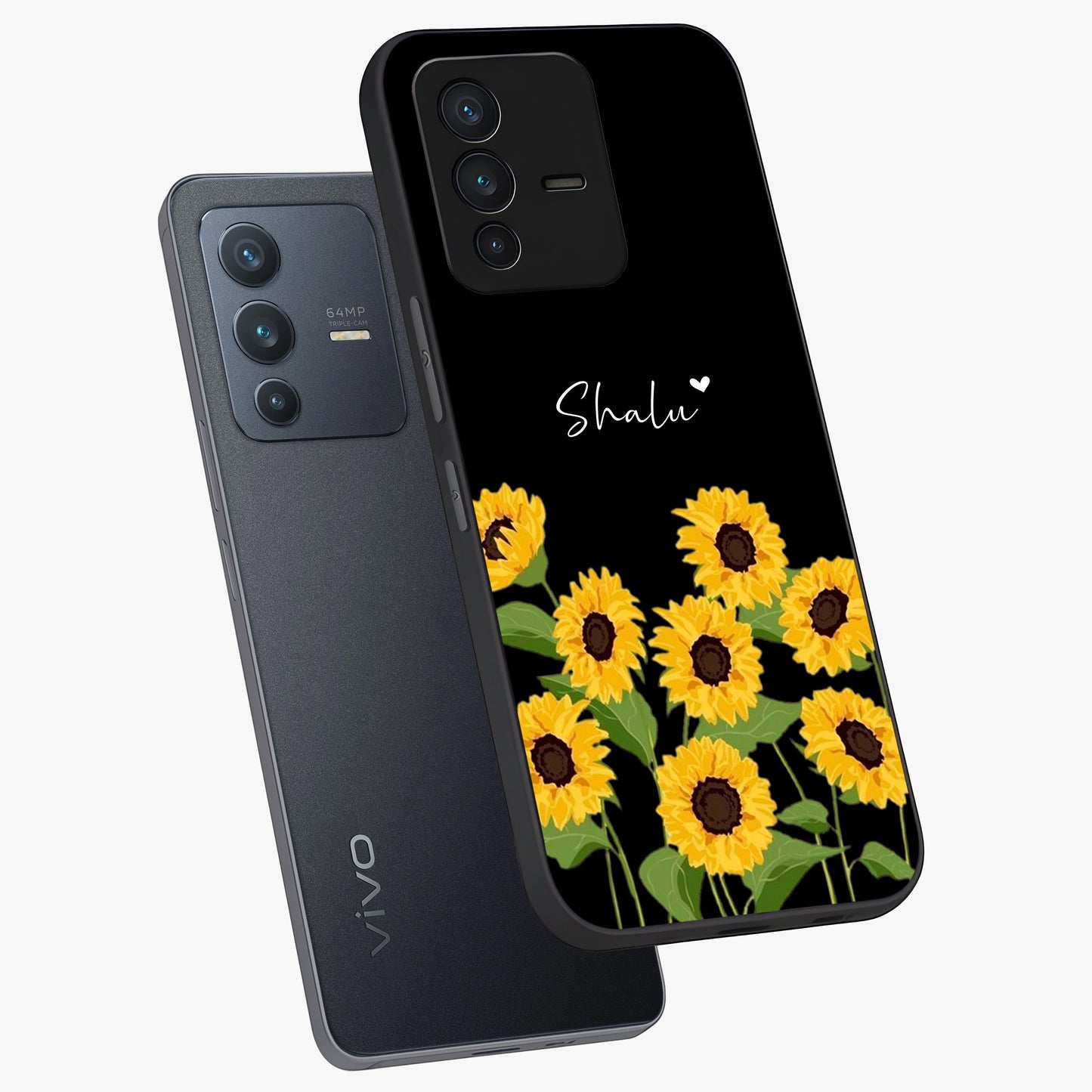Sunflower Chic Mood Custom Name Glass Case displayed in angled mockup highlighting vibrant sunflower design with custom name feature.