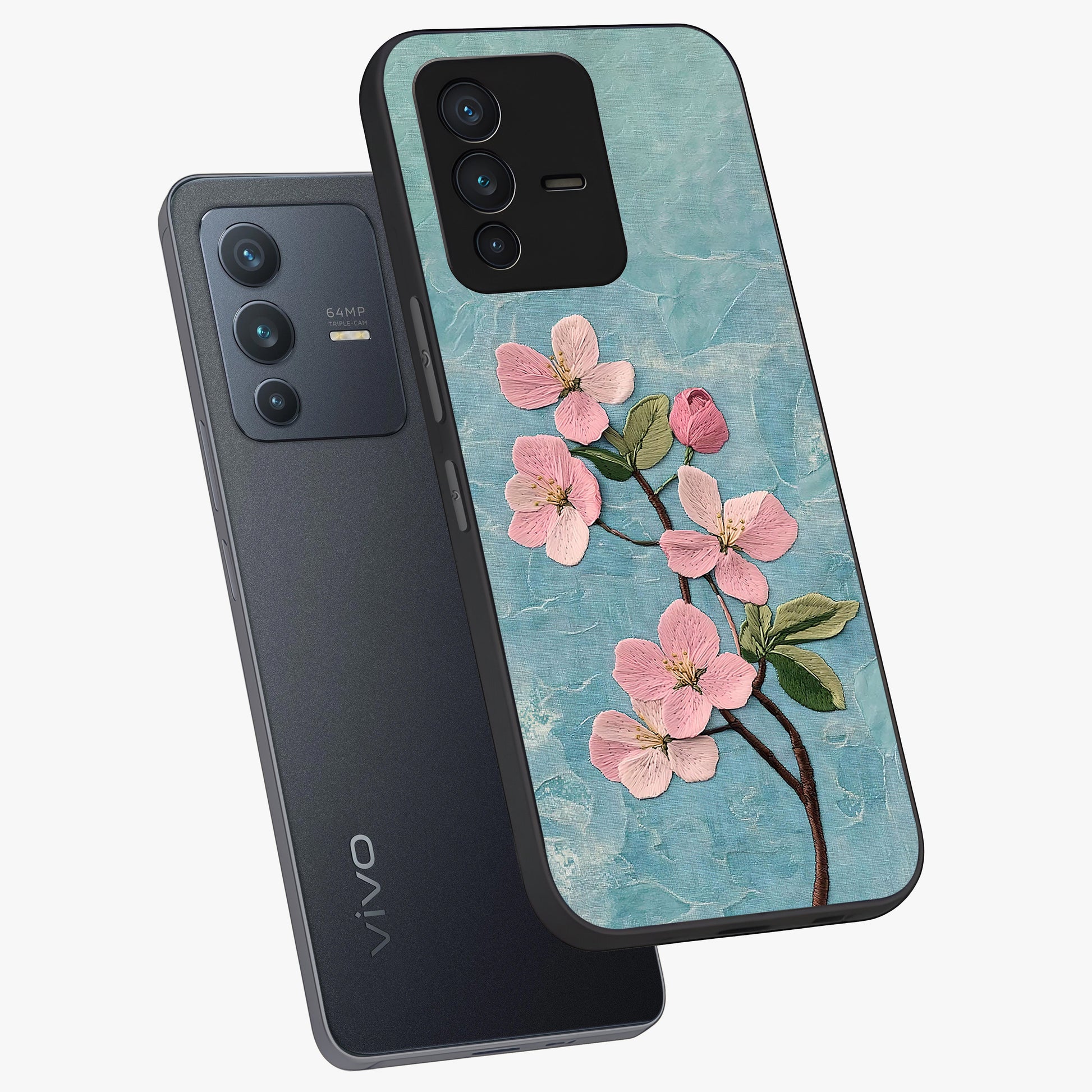 Threaded Blossom Breeze Glass Case displayed in angled mockup highlighting elegant floral design with soft aesthetic style.