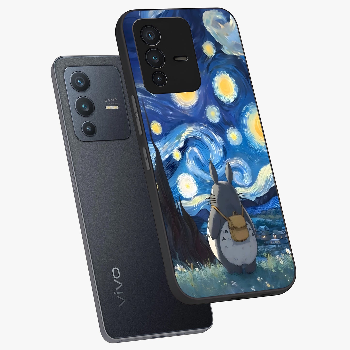 Totoro In Van Gogh Art Glass Case displayed in angled mockup highlighting artistic swirling sky design with playful animation aesthetic.