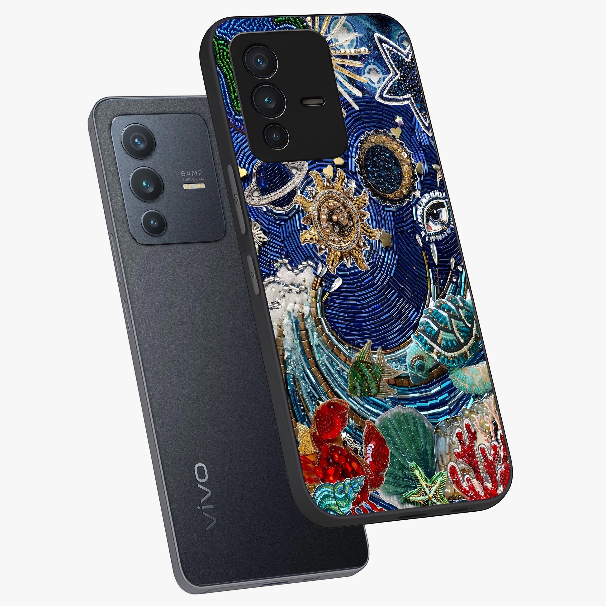 Universe Underwater Spark Glass Case displayed in angled mockup highlighting glowing aquatic design with celestial aesthetic.