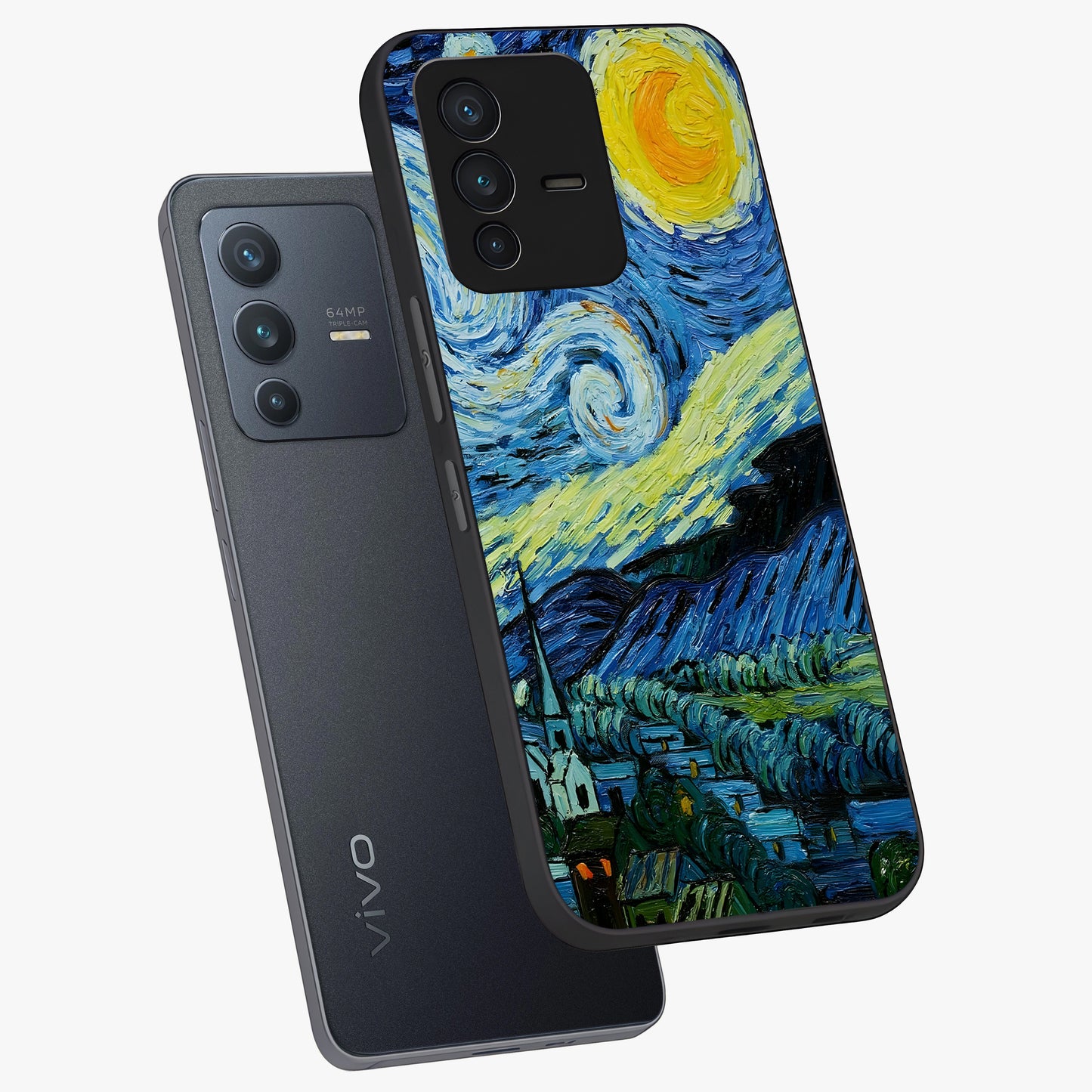Van Gogh Art Glass Case displayed in angled mockup highlighting swirling brushstroke design with artistic aesthetic.
