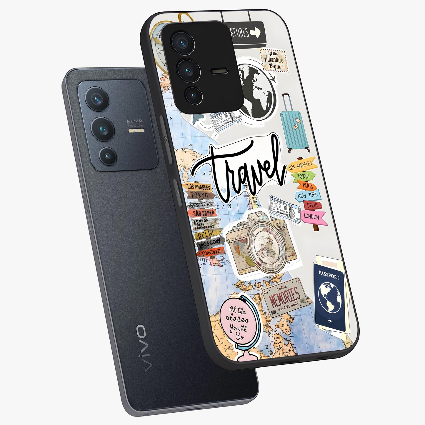 Wanderlust Journal Glass Case displayed in angled mockup highlighting adventure themed design with aesthetic travel vibe.