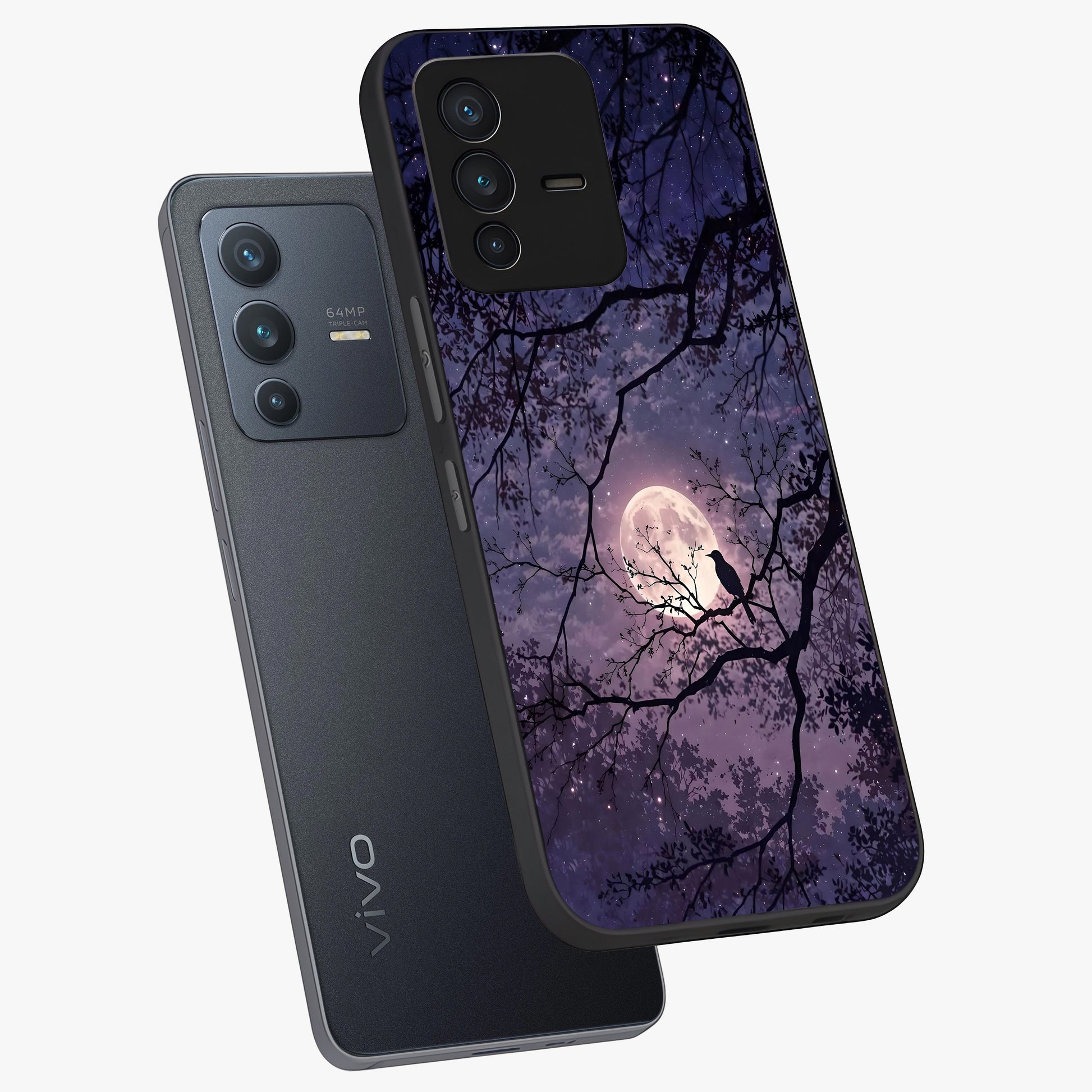 Whispering Moon Silence Glass Case displayed in angled mockup highlighting calm lunar design with dreamy night aesthetic.