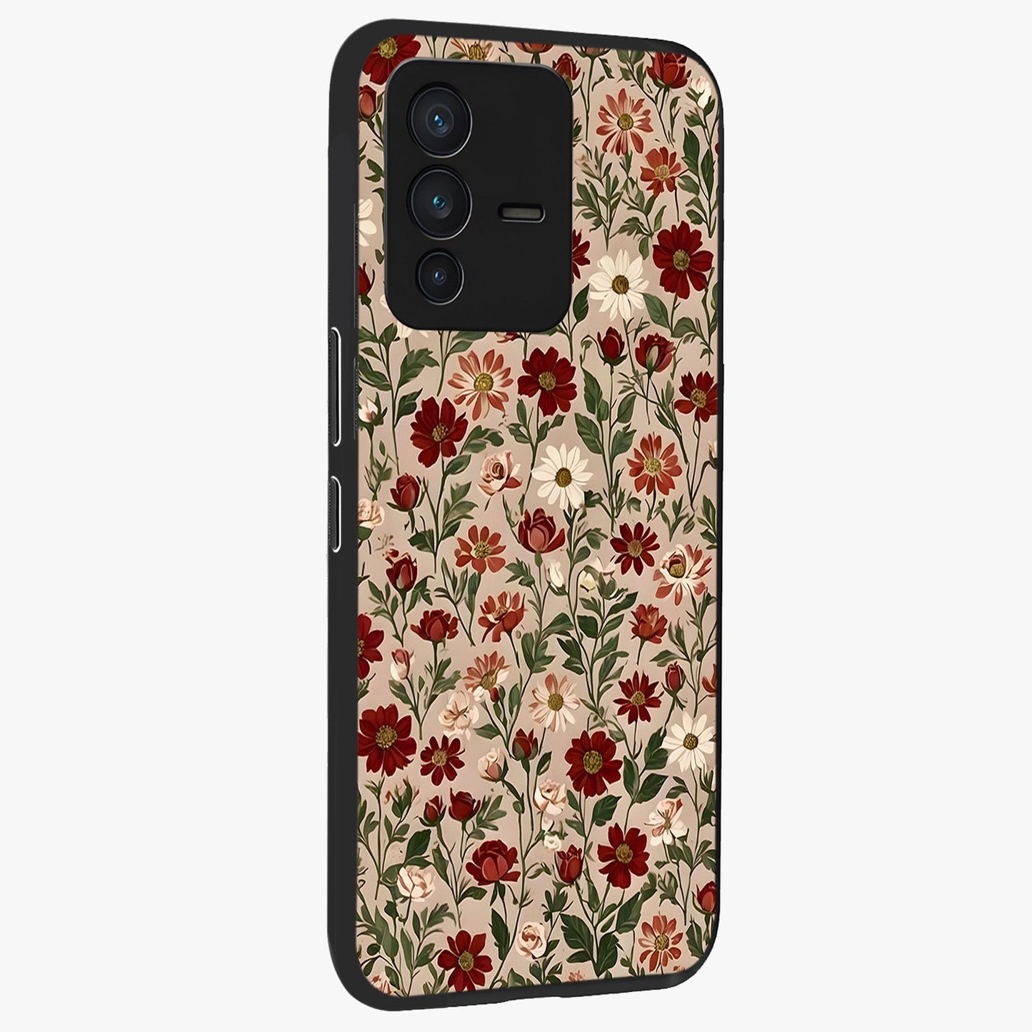 Biege Flower With Leaf Glass Case upright view showcasing delicate beige flower illustration with clean botanical style.