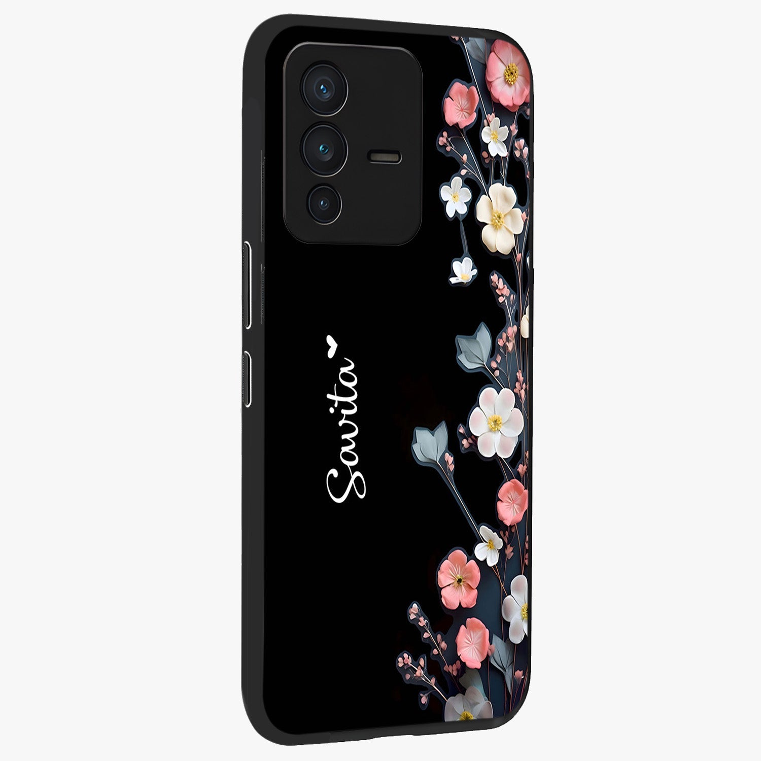 Black Elegance Floral Custom Name Glass Case upright view showcasing luxurious black floral design with personalized name detail.