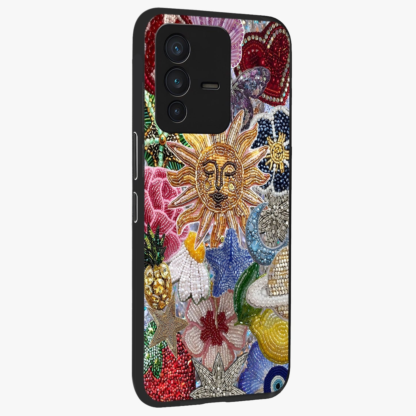 Celestial Floral and Playful Glass Case upright view showcasing whimsical floral artwork with cosmic aesthetic theme.