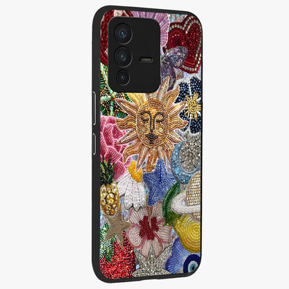 Celestial Floral and Playful Glass Case upright view showcasing whimsical floral artwork with cosmic aesthetic theme.