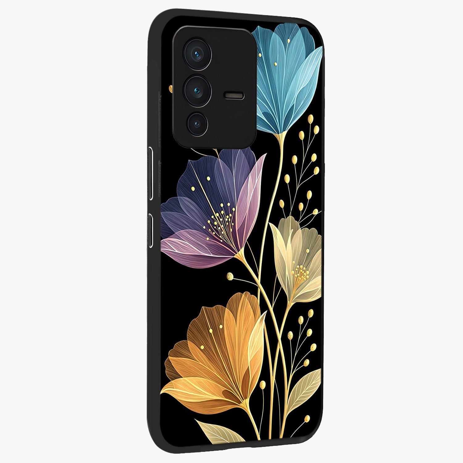 Delicate Multicolor Flowers Glass Case upright view showcasing delicate floral artwork with bright botanical theme.