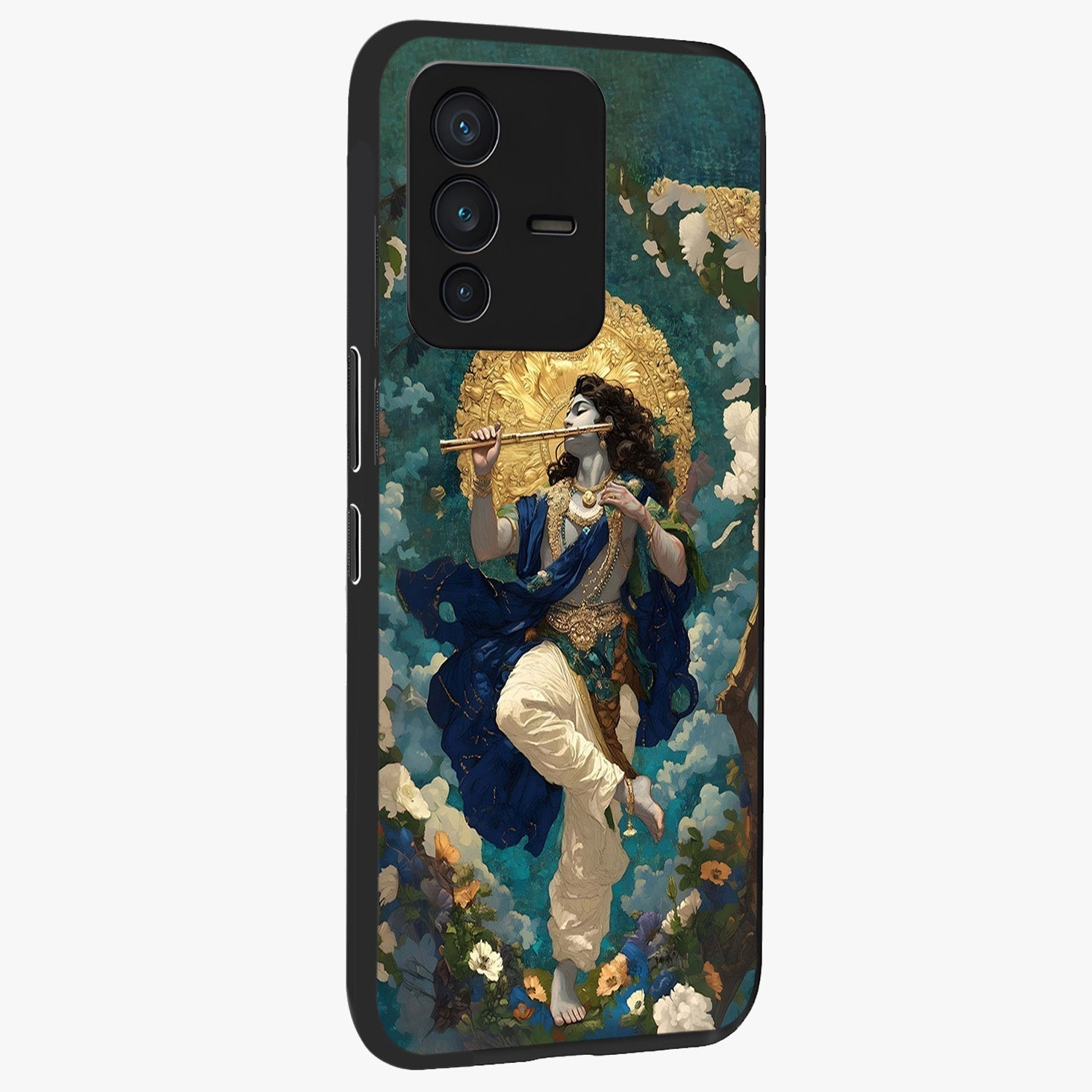 Divine Krishna Art Glass Case upright view showcasing divine Krishna artwork with sacred artistic theme.