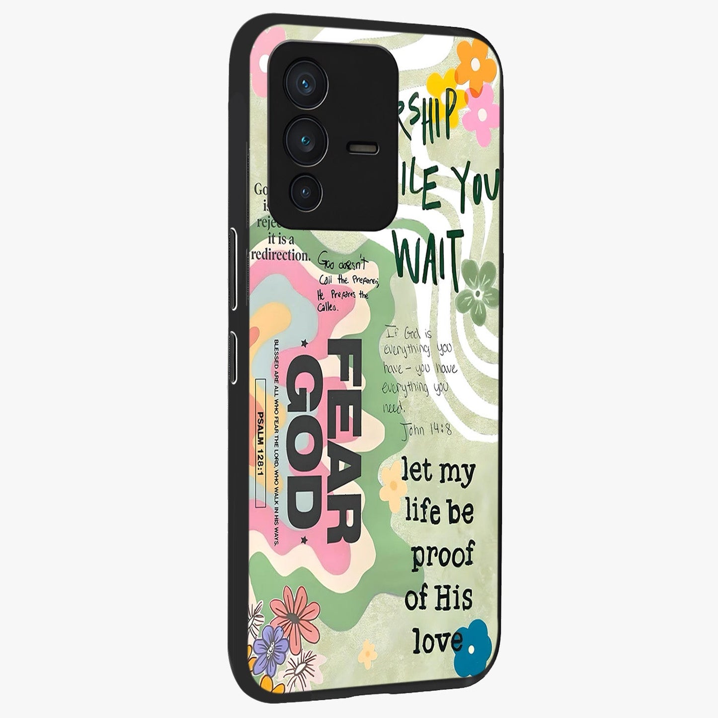 Faith Over Fear Glass Case upright view showcasing bold typography artwork with uplifting motivational theme.