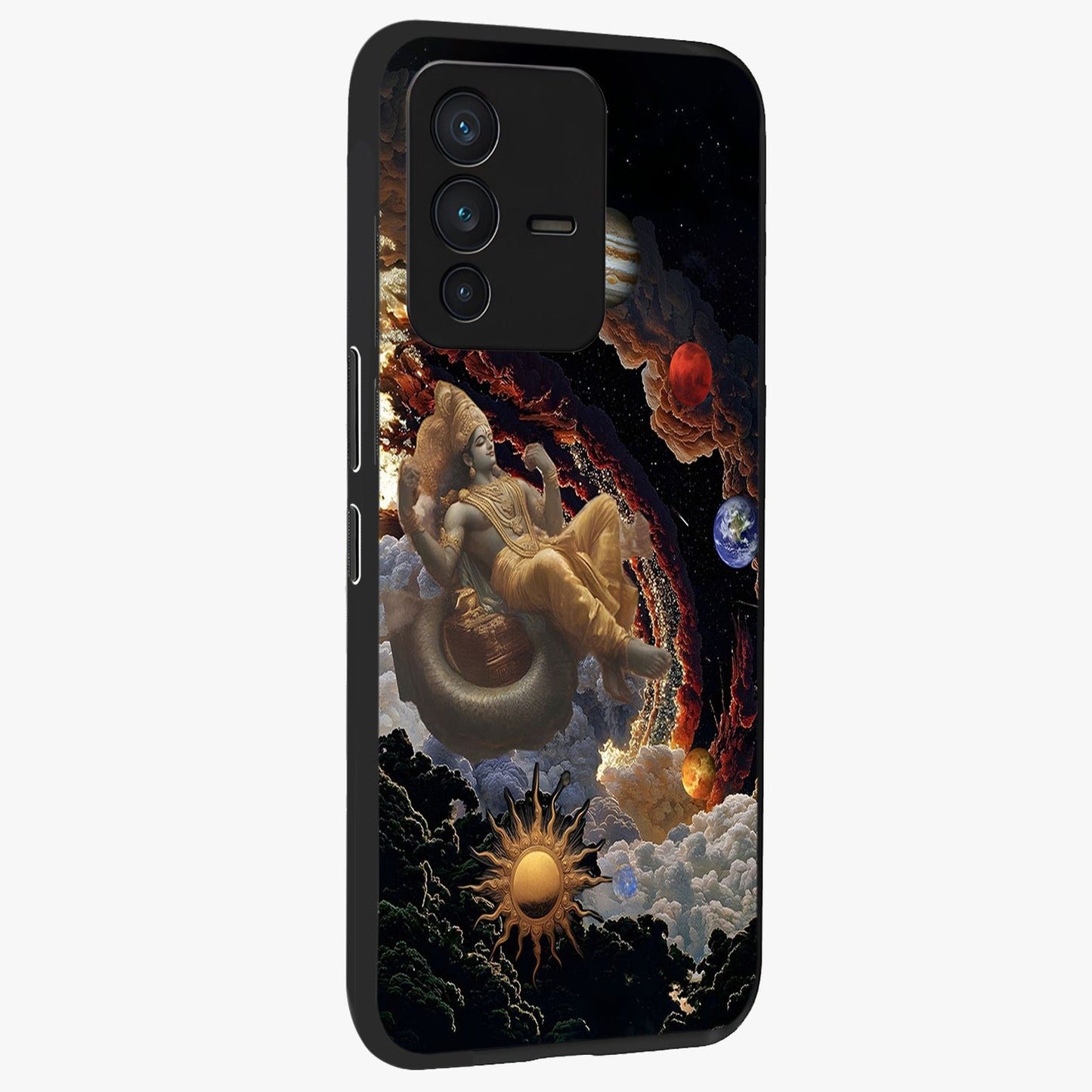 Galactic Divine God Glass Case upright view showcasing mystical divine artwork with dramatic cosmic theme.