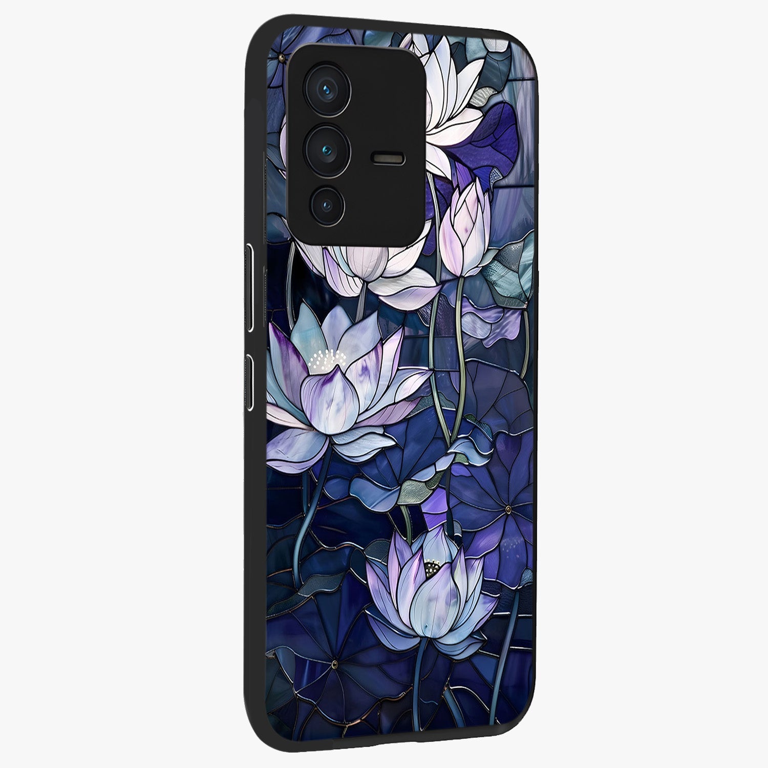 Gloss Petal Rush Glass Case upright view showcasing dynamic floral petal artwork with modern botanical theme.