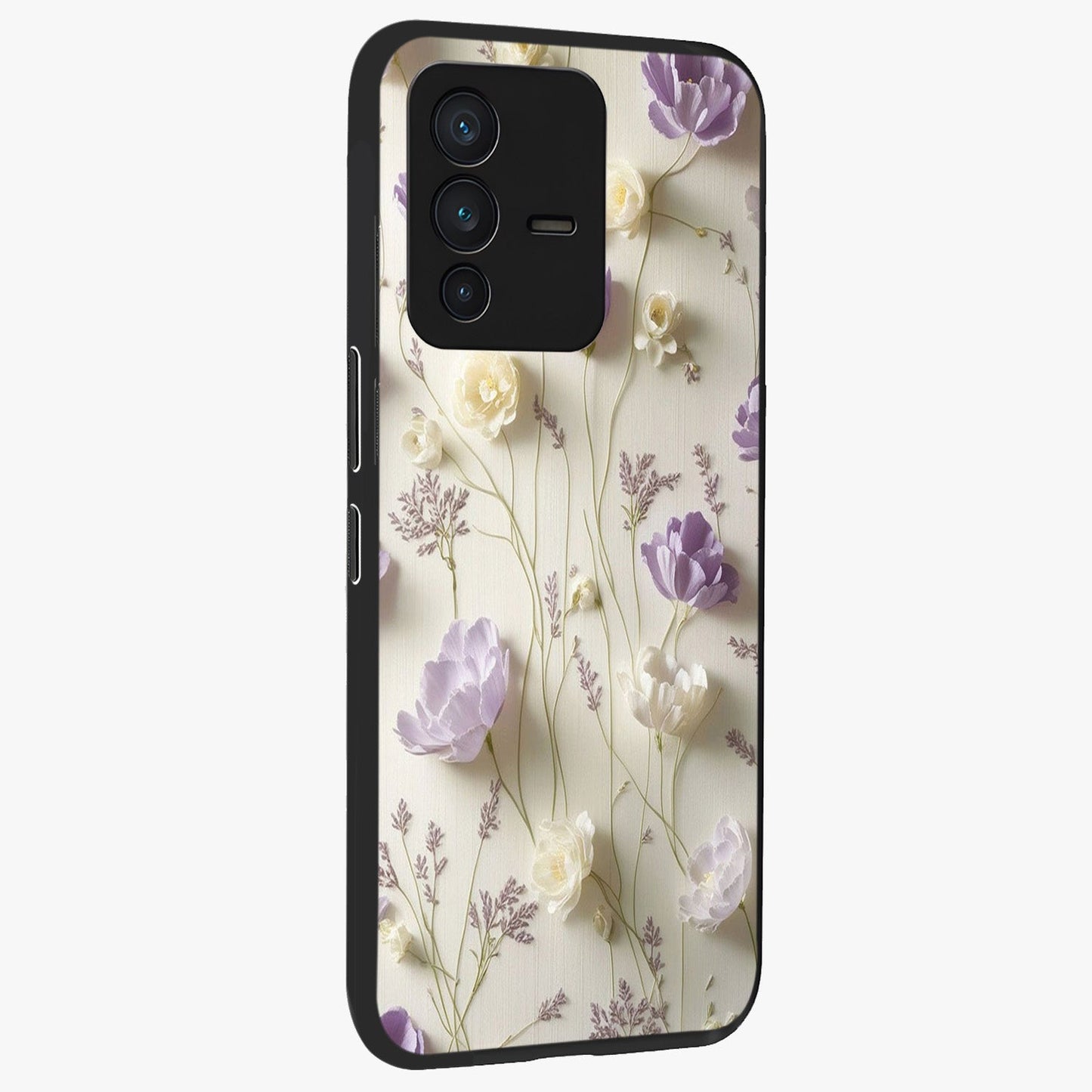 Lilac Breeze Harmony Glass Case upright view showcasing delicate lilac artwork with peaceful floral theme.