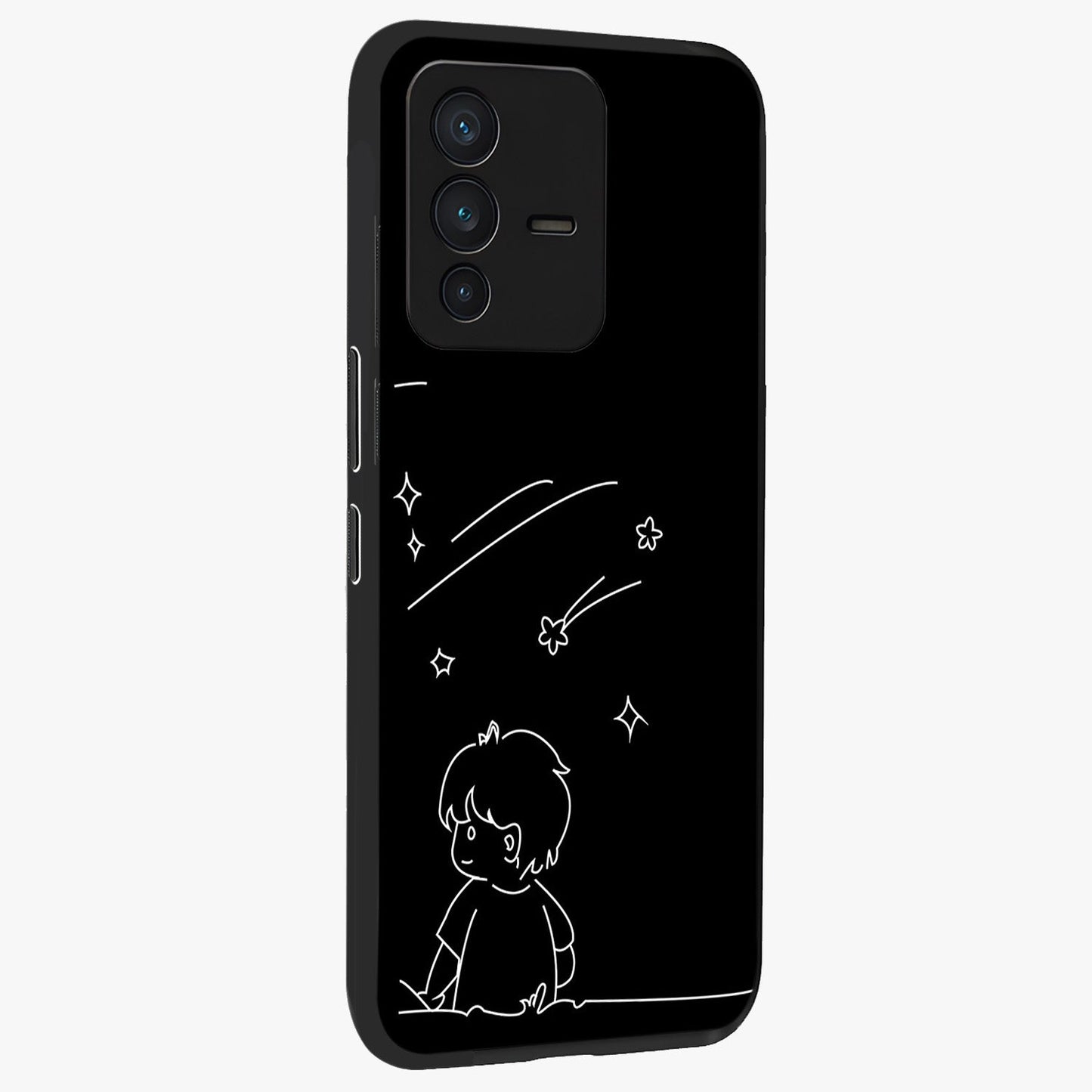 Line Art Boy With Shooting Stars Glass Case upright view showcasing artistic shooting star illustration with minimal style.