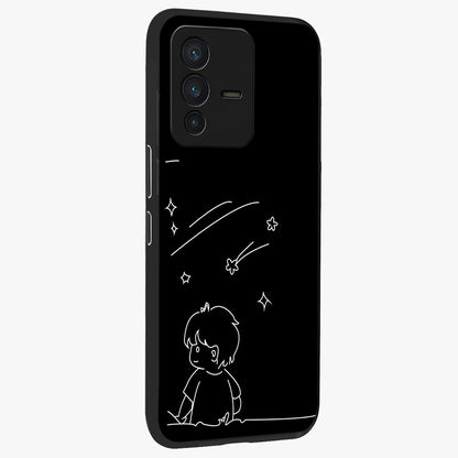Line Art Boy With Shooting Stars Glass Case upright view showcasing artistic shooting star illustration with minimal style.
