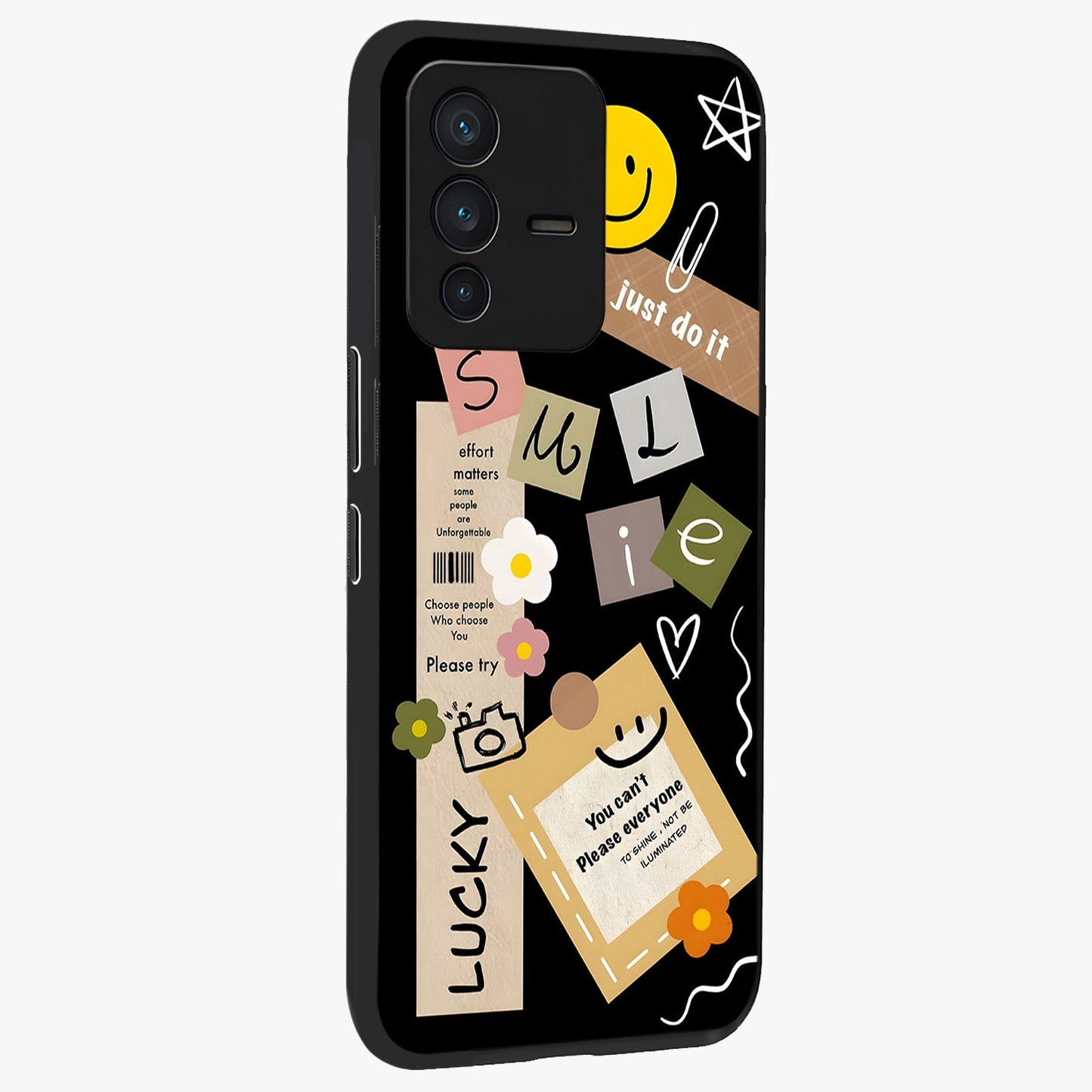 Lucky Aesthetic Collage Glass Case upright view showcasing vibrant collage artwork with youthful aesthetic theme.