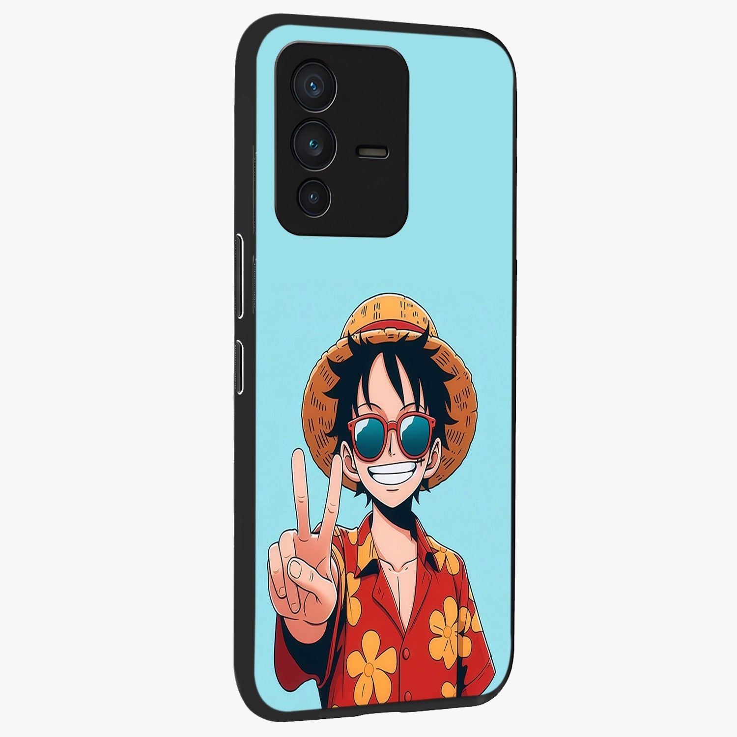 Luffy Summer Anime Vibe Glass Case upright view showcasing dynamic anime artwork with bright adventurous theme.