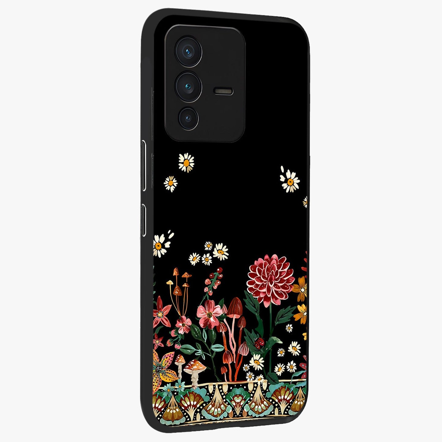 Midnight Bloom Pattern Glass Case upright view showcasing decorative floral artwork with deep night themed palette.
