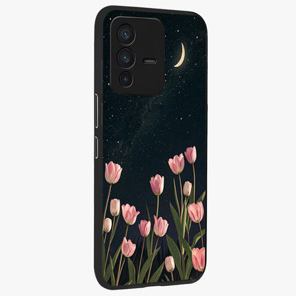 Midnight Tulip Whispers Vibe Glass Case upright view showcasing graceful tulip artwork with calm botanical theme.