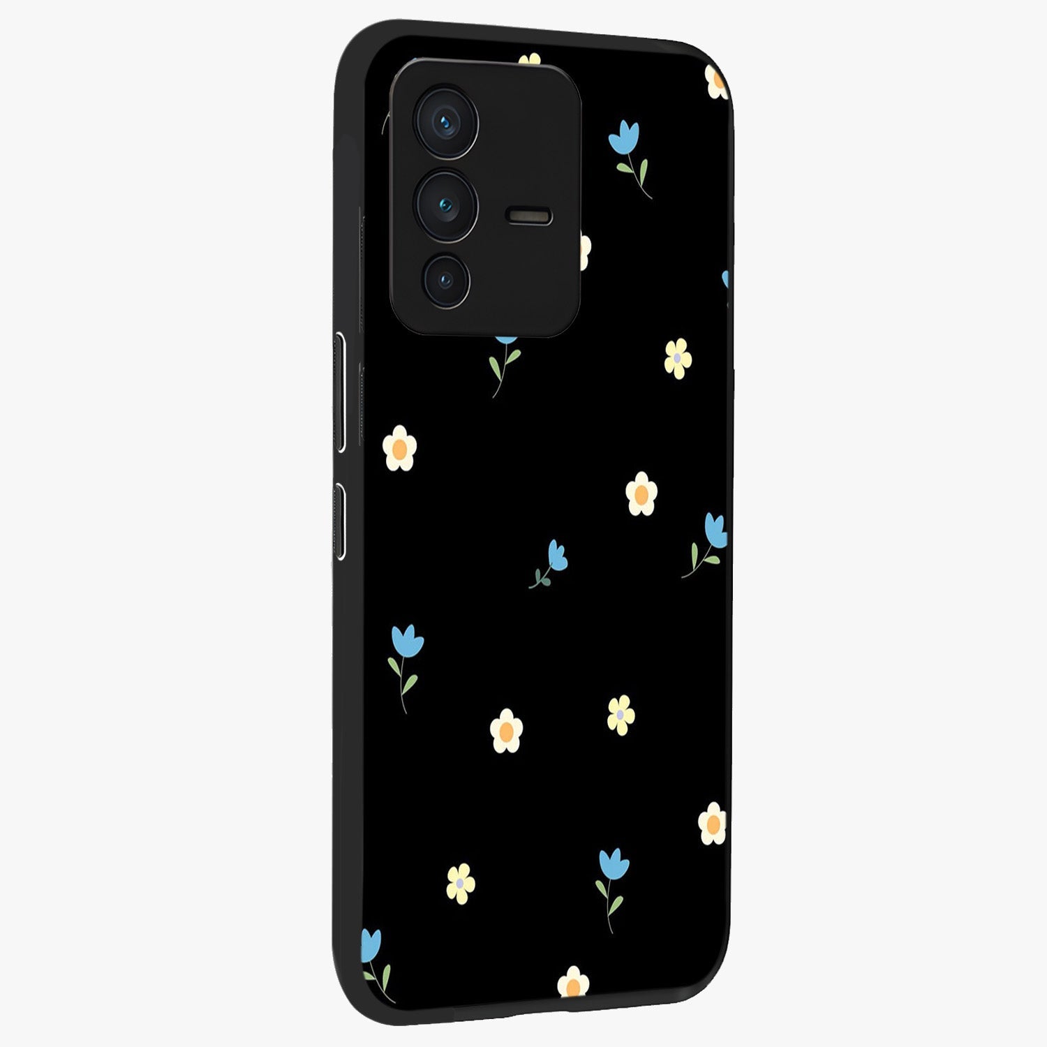 Minimal Petal Whispers Glass Case upright view showcasing elegant floral artwork with modern minimalist style.
