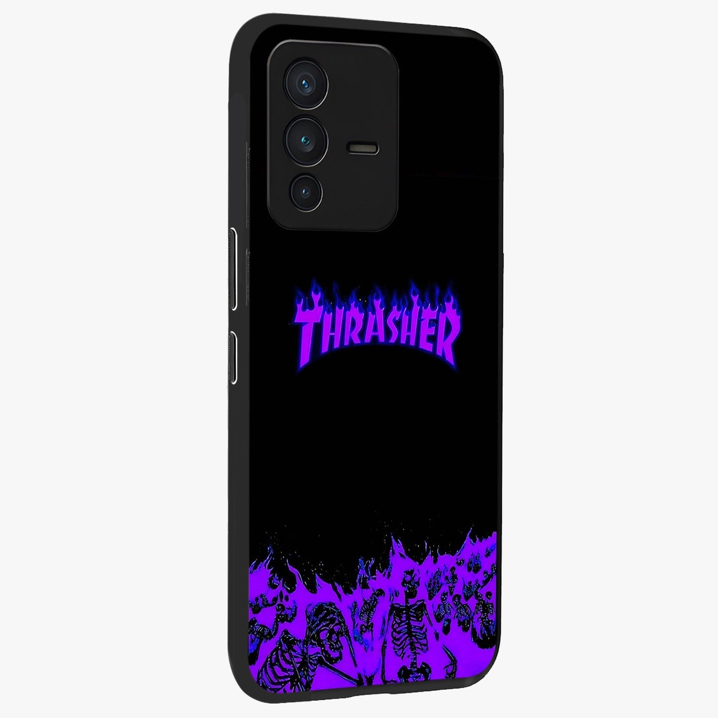 Neon Flame Riot Glass Case upright view showcasing dynamic flame artwork with energetic neon theme.