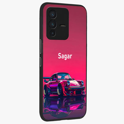 Neon Pink Porsche Glass Case upright view showcasing vibrant sports car artwork with bold automotive theme.