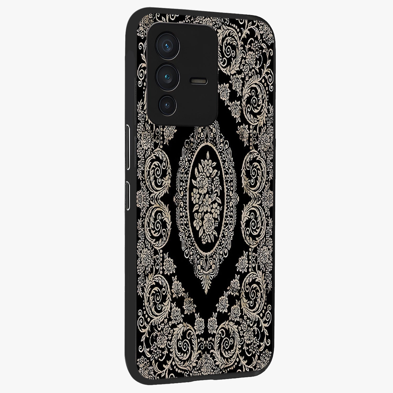 Noir Bloom Elegance Glass Case upright view showcasing graceful floral artwork with luxurious dark theme.