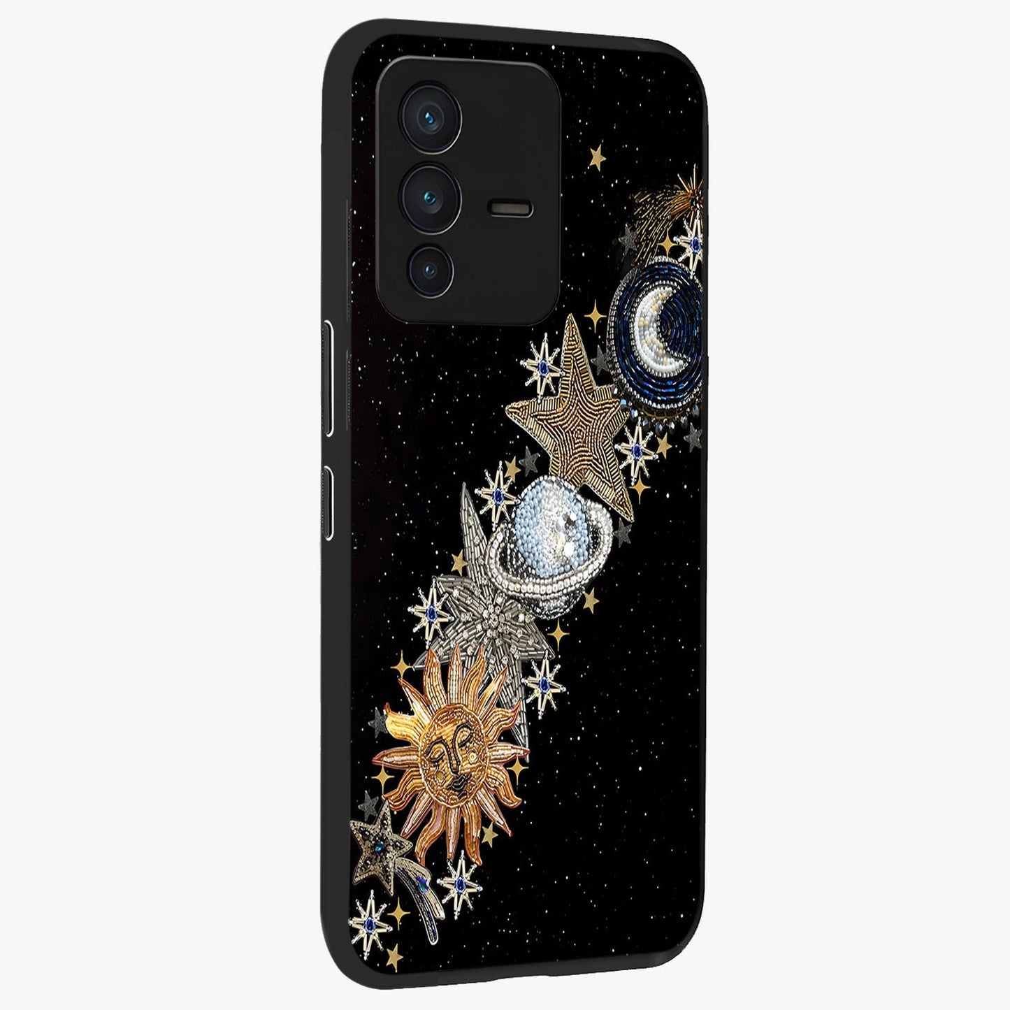 Pearls Universe Object Glass Case upright view showcasing decorative pearl themed artwork with cosmic elegance.
