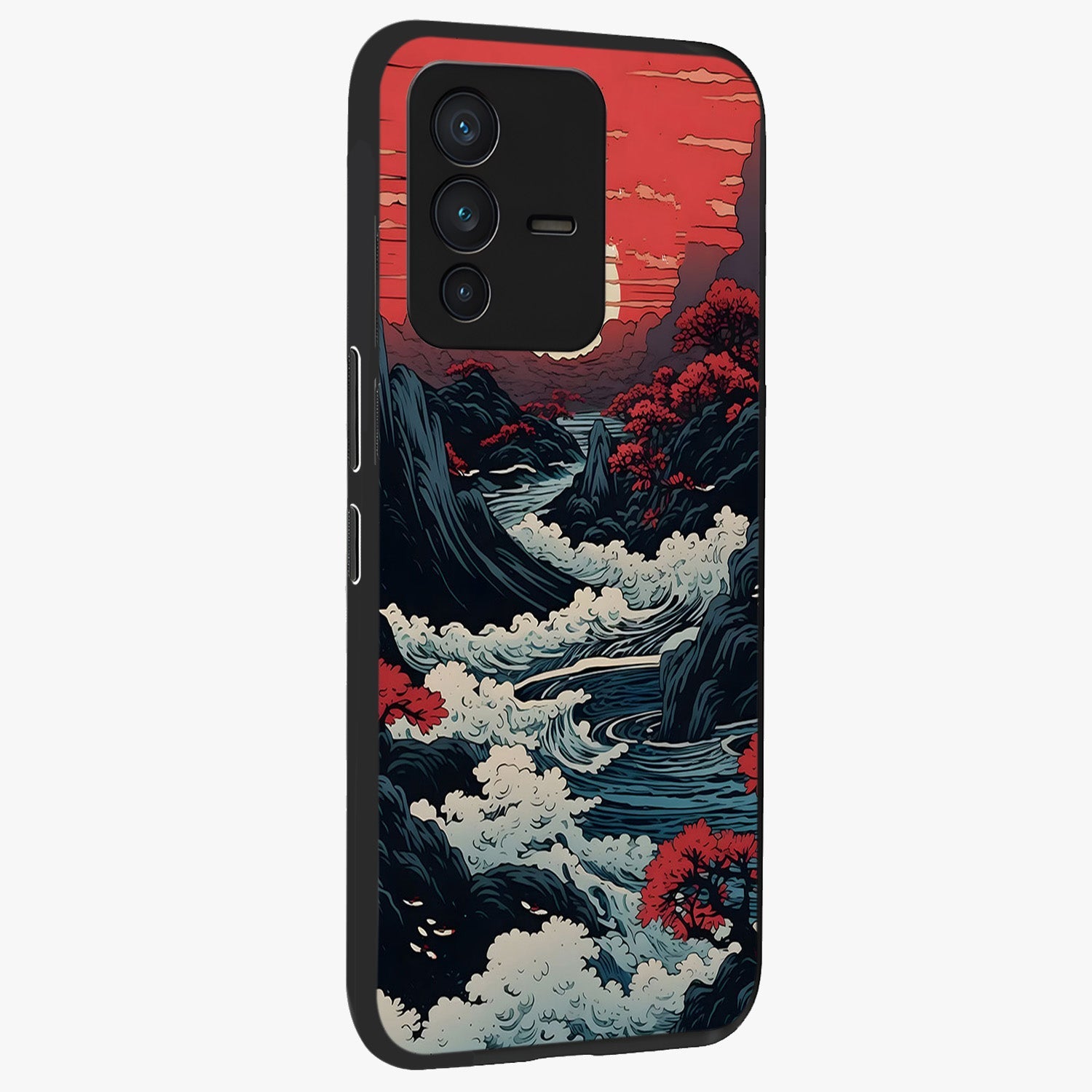 Red Sunset Scenery Glass Case upright view showcasing dramatic sunset scenery artwork with warm nature theme.