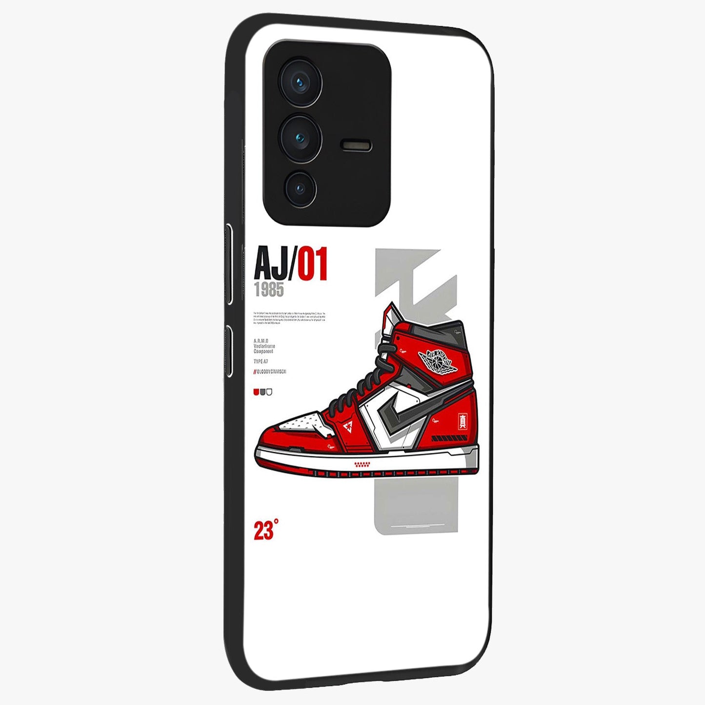 Retro Sneaker Blueprint Glass Case upright view showcasing stylish sneaker illustration with vintage streetwear theme.