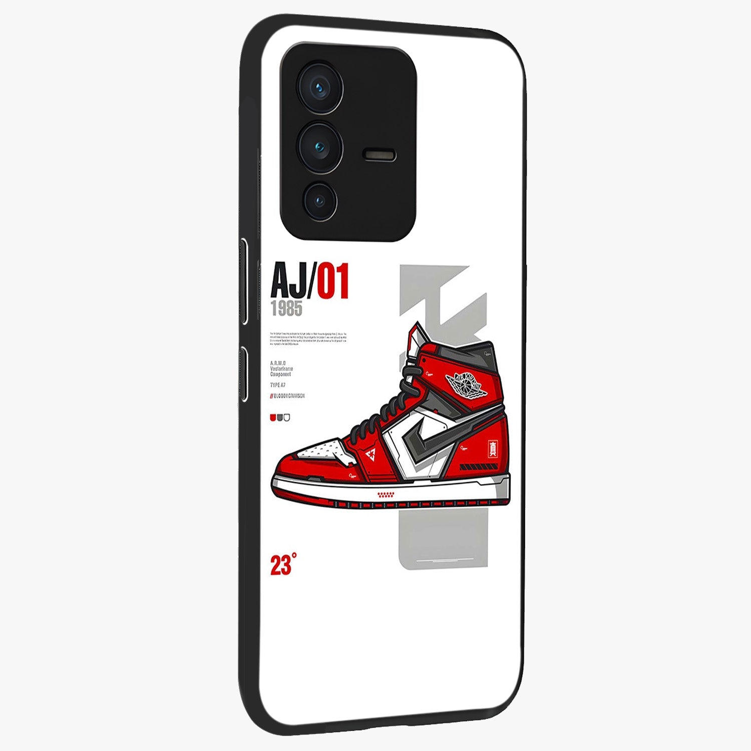 Retro Sneaker Blueprint Glass Case upright view showcasing stylish sneaker illustration with vintage streetwear theme.