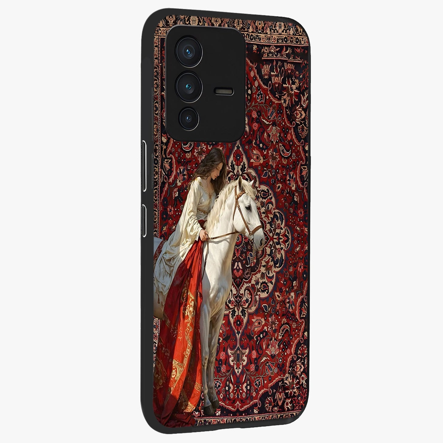 Royal Rider Tapestry Glass Case upright view showcasing detailed rider artwork with classic tapestry theme.