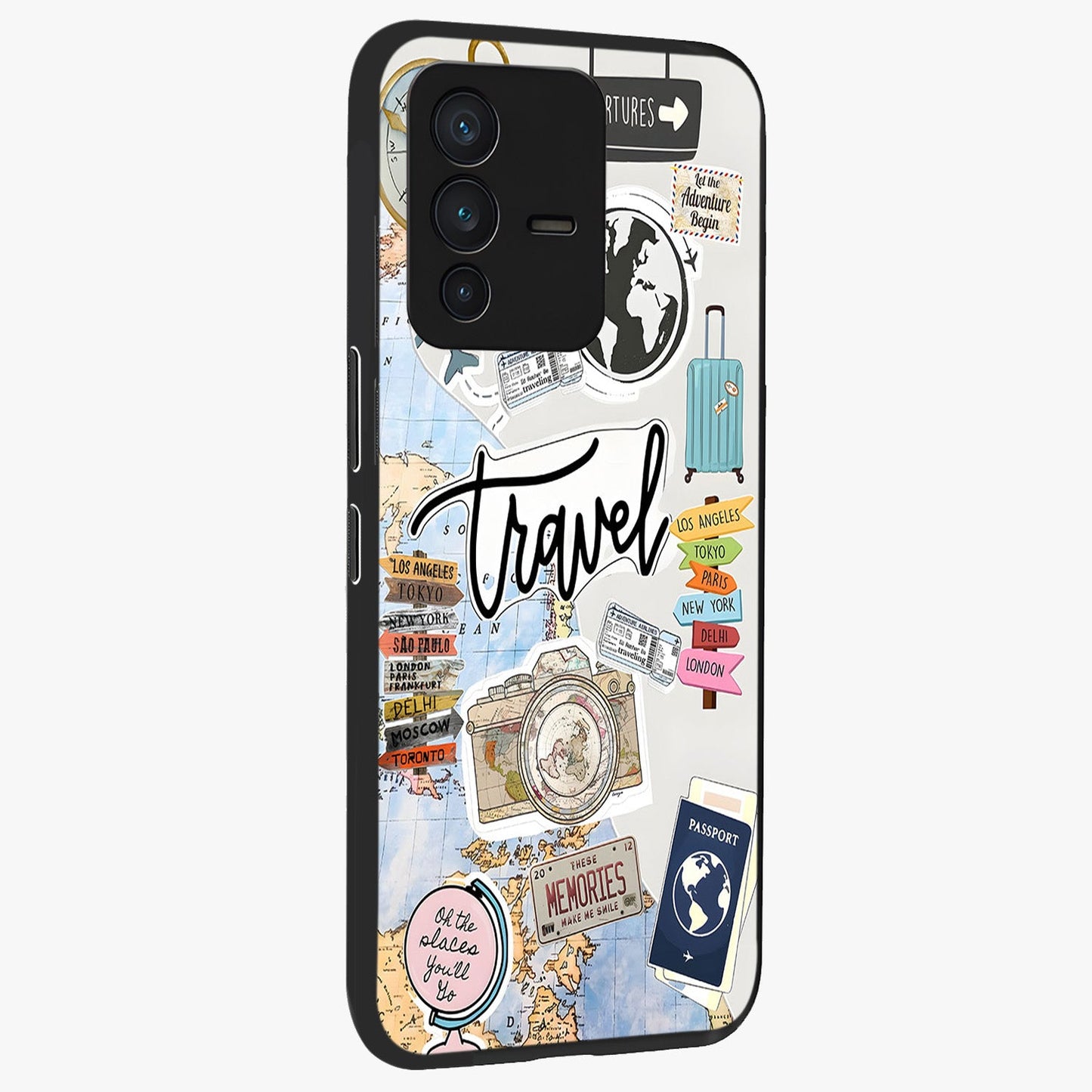 Wanderlust Journal Glass Case upright view showcasing wanderlust inspired artwork with creative exploration theme.