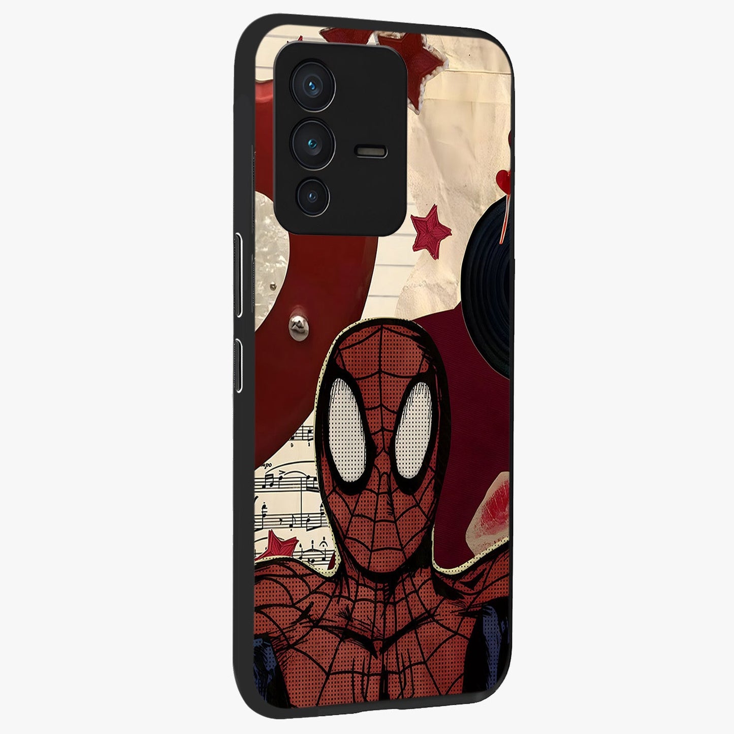Web Warrior Vibes Glass Case upright view showcasing energetic superhero artwork with bold action theme.