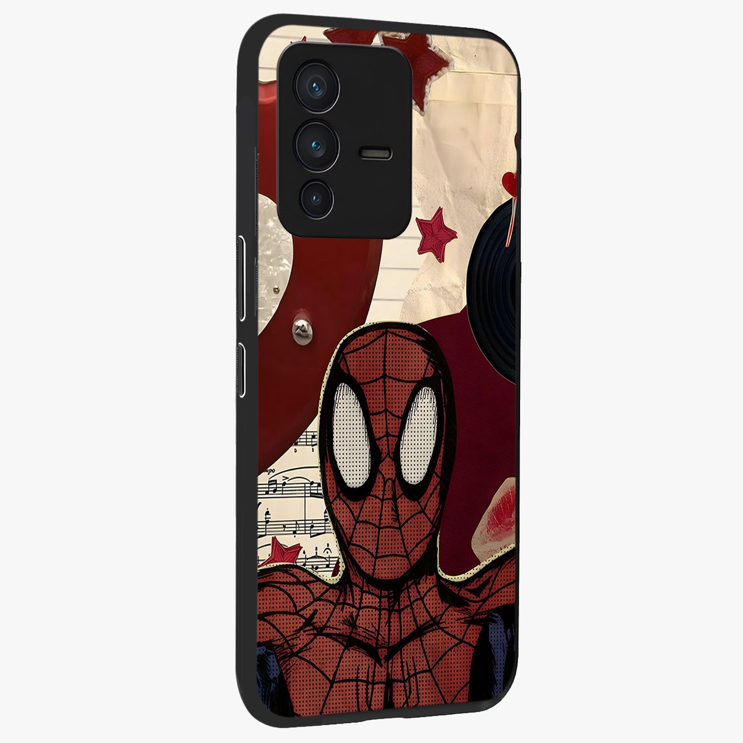 Web Warrior Vibes Glass Case upright view showcasing energetic superhero artwork with bold action theme.