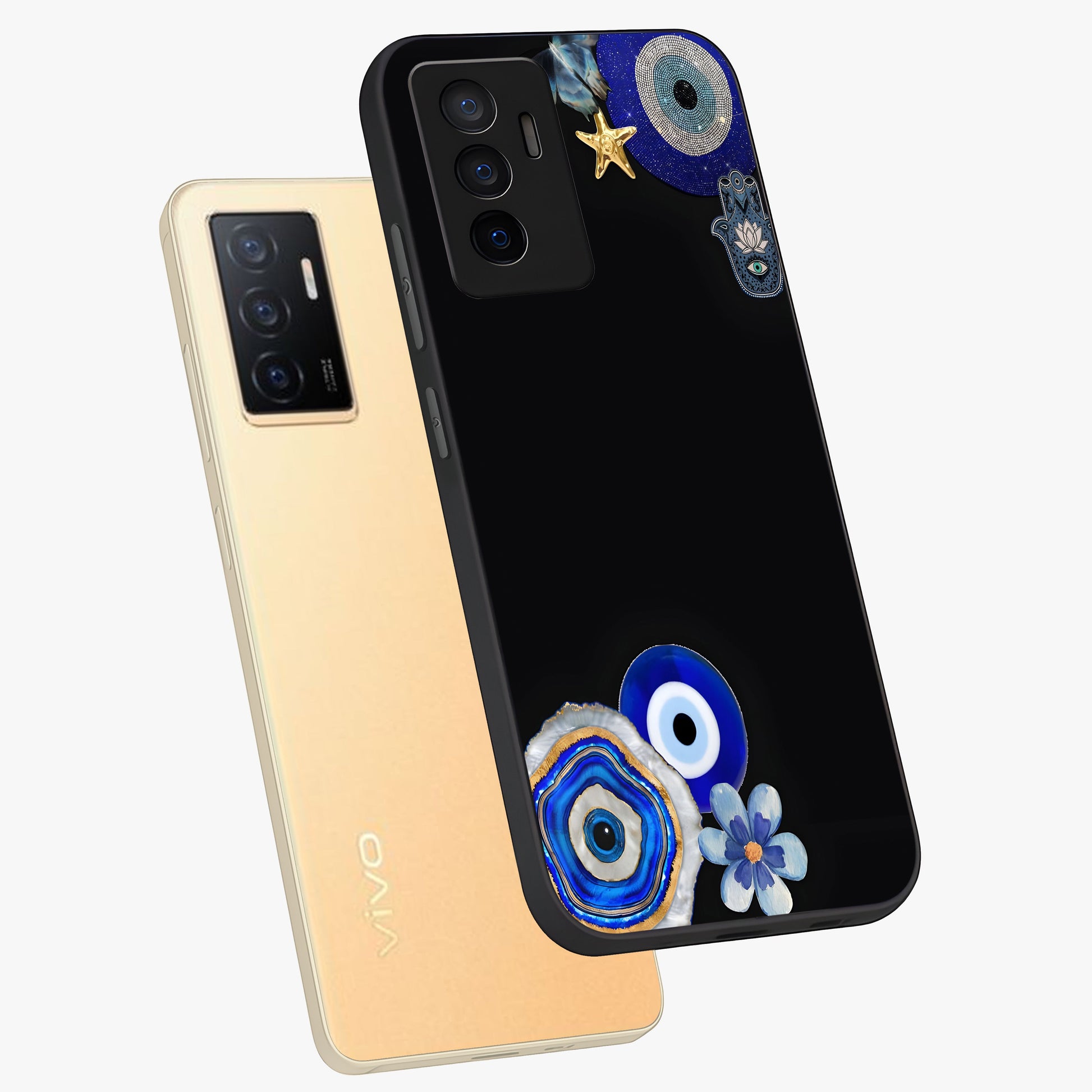 Aesthetic Blue Evil Eye Glass Case displayed in angled mockup highlighting blue evil eye symbol and spiritual aesthetic design.