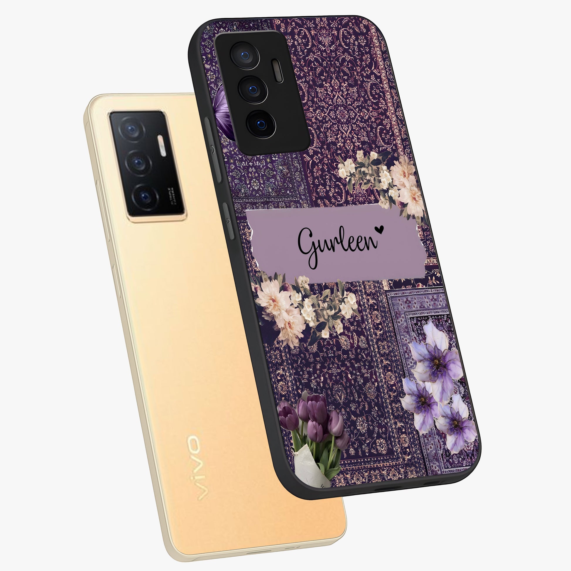 Antique Floral Whisper Custom Name Glass Case displayed in angled mockup highlighting elegant antique floral aesthetic.