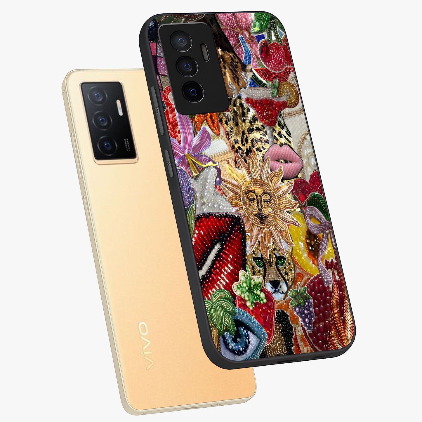 Beaded Fashion Jungle Glass Case displayed in angled mockup highlighting colorful fashion bead design and artistic pattern.