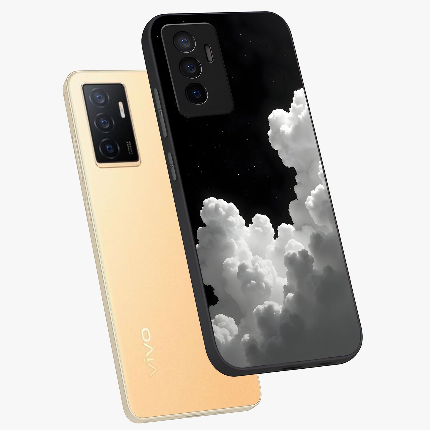 Black Background With White Cloud Glass Case displayed in angled mockup highlighting soft white cloud illustration and minimal design.