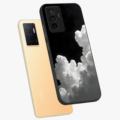Black Background With White Cloud Glass Case displayed in angled mockup highlighting soft white cloud illustration and minimal design.